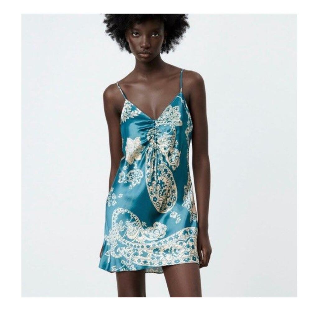 Zara Blue & White Satin Effect Paisley Mini Slip Dress Womens XS Y2K Retro
